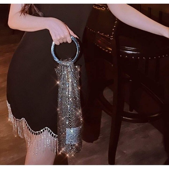 Wine Bag Tote Rhinestone Sparkle Mesh Round Handle Black, Gift Bags, Party Bags - Picture 3 of 5